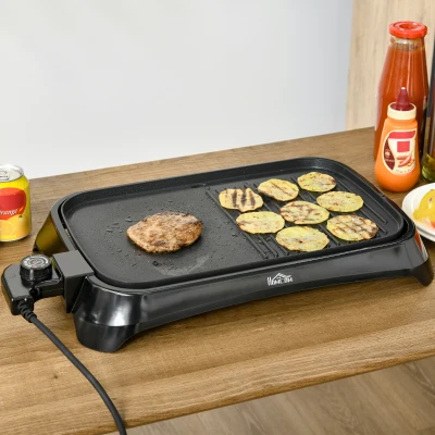 HOMCOM Plancha de Asar Eléctrica Cocina 1600W Aluminio con Temperatura Regulable Superficie de 40,6x25,2 cm Revestimiento Antiadherente y Bandeja de Goteo 53,5x31x8 cm Negro