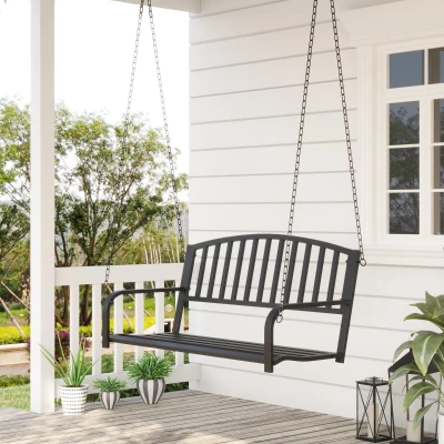 Outsunny Hängebank 2-Sitzer Gartenschaukel Schaukelbank Hollywoodschaukel Schwebebank mit Ketten Metall Schwarz 127 x 60 x 53 cm