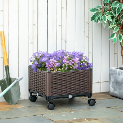 Outsunny Jardinera de Plástico Curdrada con 4 Ruedas Macetero de Jardín con Agujeros de Drenaje para Cultivo de Plantas en Exterior Patio Terraza 40x40x31,5 cm Marrón