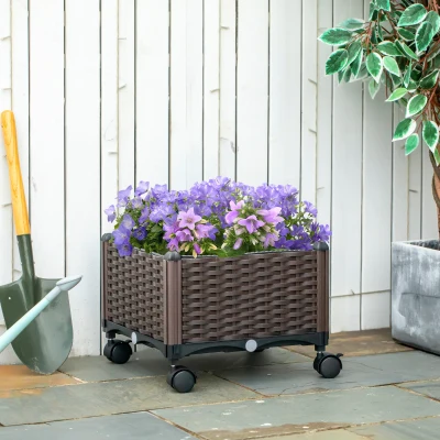 Outsunny Jardinera de Plástico Curdrada con 4 Ruedas Macetero de Jardín con Agujeros de Drenaje para Cultivo de Plantas en Exterior Patio Terraza 40x40x31,5 cm Marrón