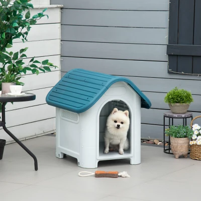 PawHut Caseta para Perros Mini para Uso Interior y Exterior con respiraderos Estilo Cabaña Resistente 59x75x66 cm Azul y Gris