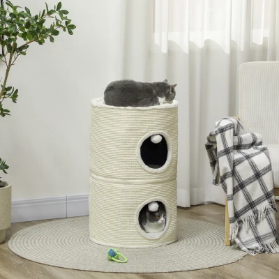 PawHut Kratztonne, 3 Ebenen, mit Kissen, Kratzmatte, Spielbällen, Katzenhaus für Innenbereich, Cremeweiß