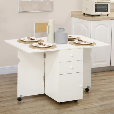 HOMCOM Mesa de Comedor Plegable Alas Abatibles con Ruedas y 2 Cajones Mesa de Cocina Pequeña Estilo Moderno 120x80x75 cm Blanco