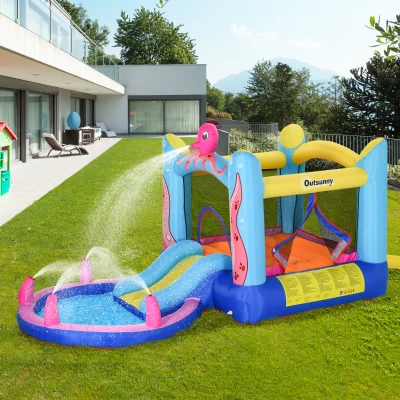Outsunny Selbstaufblasende Hüpfburg inkl. Gebläse, Flicken, 1 Trampolin, 1 Wasserbecken, 1 Rutsche,  360 x 175 x 180 cm
