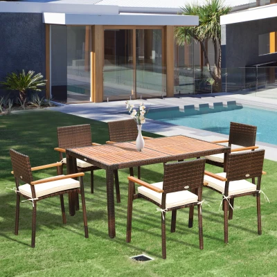 Outsunny Conjunto de Ratán Sintético para Jardín Juego de Mesa y 6 Sillas para Exterior 150x90x74cm y 50x55x88cm Marrón