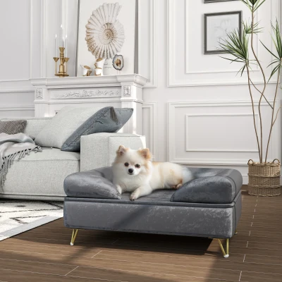 PawHut Canapé Chien Velours Gris Pieds Métal 76x53,5x34 cm