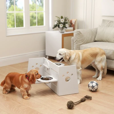 PawHut Comedero Elevado Doble para Perros con Altura Ajustable y Sistema de Alimentación Lenta 63x58,5x40 cm Blanco