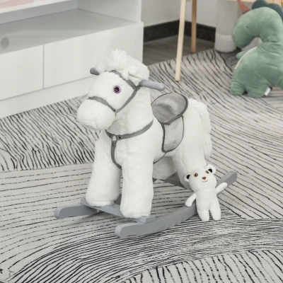 HOMCOM Kinder Schaukelpferd Baby Schaukeltier mit Tiergeräusche Spielzeug Haltegriffe für 18-36 Monate Plüsch Weiß 65 x 26 x 55 cm