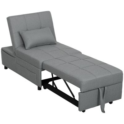 HOMCOM 3-in-1 Klappsessel mit Seitentasche, Gästebett mit Kissen, Verstellbarer Rückenlehne, Bettsessel mit Rollen, Hellgrau