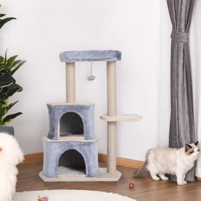 PawHut Árbol Rascador para Gatos de 92 cm Torre para Gatos Mediano con 2 Cuevas Bola Colgante y Postes para Rascar Gris