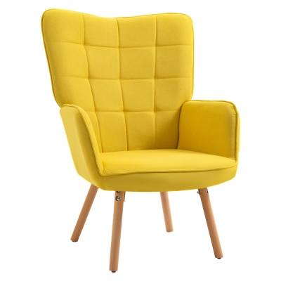 HOMCOM Sillón Individual con Respaldo Alto Reposabrazos Tela de Lino y Patas de Madera para Comedor Cocina 71x76x101cm Amarillo