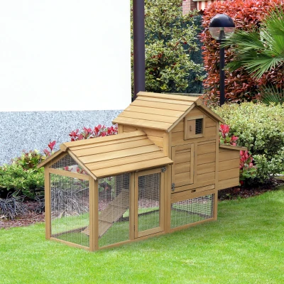 PawHut Zwerghühnerstall Zwerghühnerhaus mit Nistkasten Zwerghühnervoliere Auslauf Geflügelstall mit Rampe Tannenholz Natur 150,5 x 54 x 87 cm
