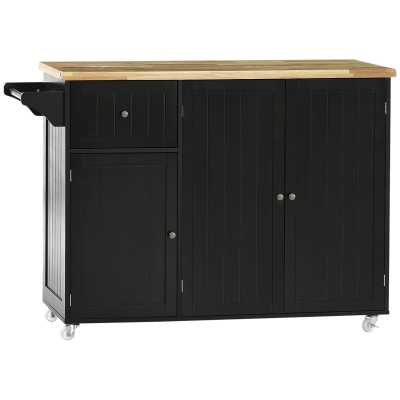 HOMCOM Isla de Cocina con Ruedas Carro de Cocina con Cajón Armarios con Estantes y Barra para Colgar 135x45x94,5cm Negro