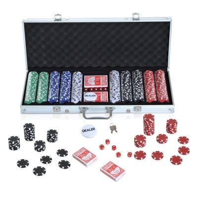 HOMCOM Maletín de Poker Profesional de Aluminio con 500 Fichas Juego Set de Poker Casino con 5 Dados 2 Barajas de Cartas y 1 Ficha de Crupier 55,5x22x6,5 cm Multicolor