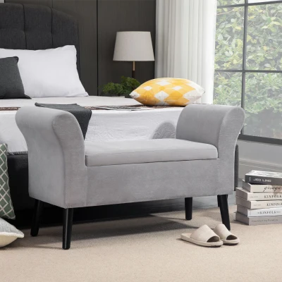 HOMCOM Banco de Almacenamiento con Tapa Abatible Reposabrazos y Patas de Madera para Salón 111,5x41x65 cm Gris Claro