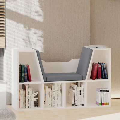 HOMCOM Bücherregal mit Sitzhocker Sitzbank Sitzbänke & -truhen mit 6 Stauräumen für Aufbewahrung Sitzbar mit Kissen Spanplatte Schaumstoff Leinen Weiß+Grau 102 × 30 × 61 cm