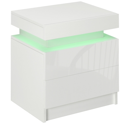 HOMCOM Mesita de Noche Blanca con Luz LED Mesita Decorativa con 2 Cajones y Mando a Distancia 45x35x52 cm Blanco