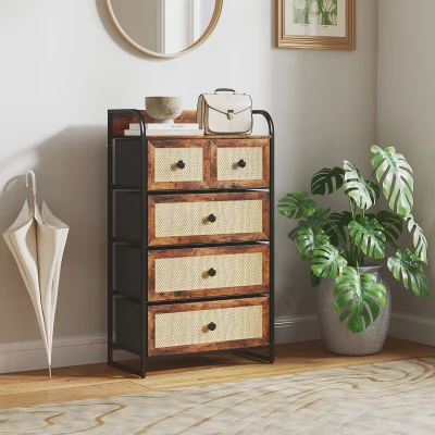 HOMCOM Cómoda para Dormitorio con 5 Cajones con Frentes de Ratán y Marco de Acero 58x29x99 cm Marrón Rústico