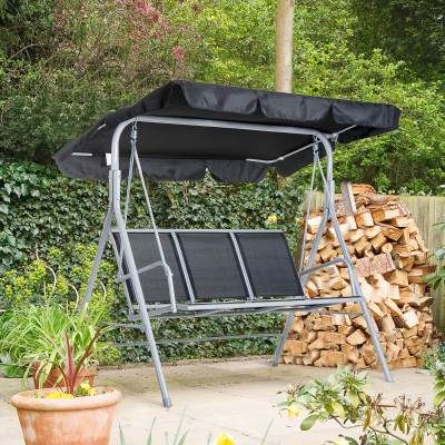 Outsunny Hollywoodschaukel mit verstellbarem Sonnendach, 3-Sitzer Gartenschaukel mit Anti-Rutsch-Füßen, Schaukelbank belastbar bis 240 kg, Gartenliege für Garten, Terasse, 170x110x153cm, Grau+Schwarz