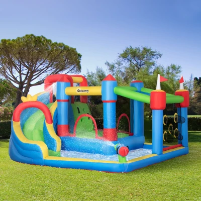 Outsunny Hüpfburg inkl. Gebläse, Märchenschloss; In- und Outdoor, 390 cm x 300 cm x 197 cm, Bunt