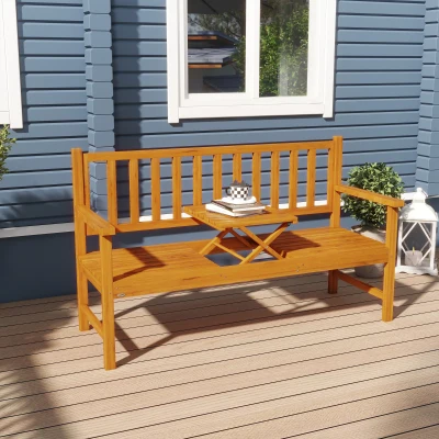 Outsunny Gartenbank Holzbank Outdoor-Bank, ausklappbarer Tisch, wetterbeständig, Massivholz, 153 cm x 56 cm x 91 cm,  Hellbraun