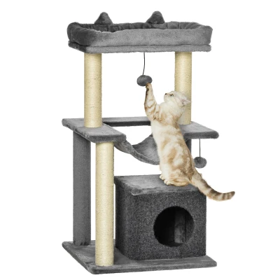 PawHut Albero Tiragraffi con Corde Sisal, Casetta e Amaca, Rivestimento Peluche e Feltro, Altezza 100cm, Grigio