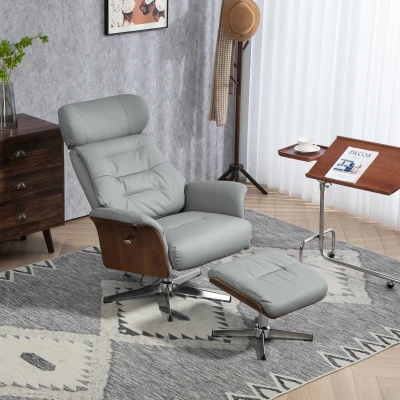 HOMCOM Relaxsessel mit Hocker, Liegefunktion, drehbar, Lederoptik, bis 150 kg, Hellgrau