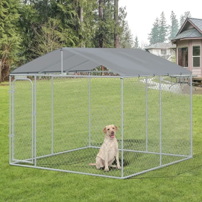 PawHut Jaula para Perros de Exterior con Toldo Anti-UV Impermeable y Marco de Acero para Jardín Patio 300x300x234 cm Plata