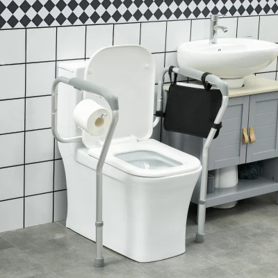 HOMCOM Barra de Seguridad para Inodoro con Asas Antideslizante Bolsillo Anchura y Altura Ajustable 55-62x47x64-74 cm Plata