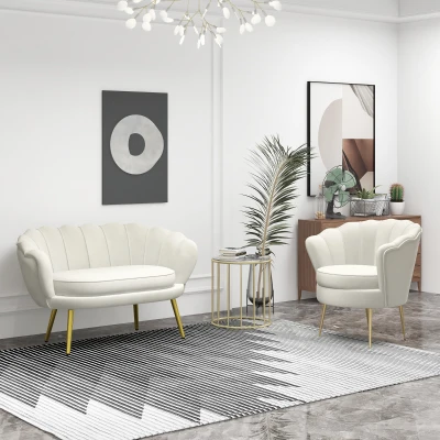 HOMCOM Canapé 2 Places Velours Crème Pieds Dorés Design Coquillage