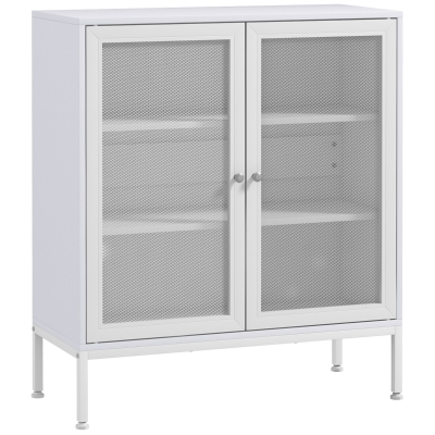 HOMCOM Aparador con 3 Estantes Mueble Auxiliar con Puertas de Rejilla Metálica y Estante Ajustable 80x37x92 cm Blanco