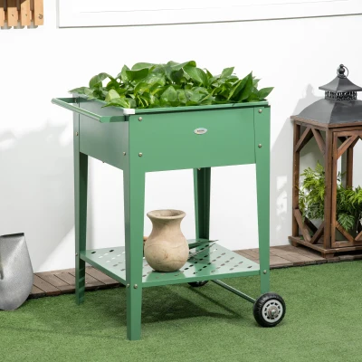 Outsunny Huerto Urbano Elevado con Ruedas de Acero Galvanizado con Estante y Asa Lateral para Plantas Cultivos 64x55x79 cm Verde