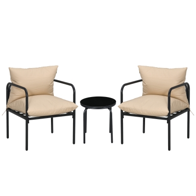 Outsunny Outdoor Sitzgruppe, 3-teilig, 2 Stühle, Tisch mit Glasplatte, Sitzkissen, Metallgestell, Beige