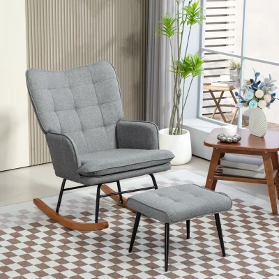 HOMCOM Rocking Chair & Ottoman Set Linen-Look Grey