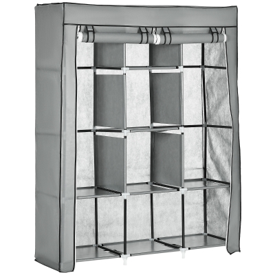 HOMCOM Armario de Tela Plegable Ropero Portátil con 8 Estantes y 2 Barras de Colgar para Dormitorio 125x43x162,5 cm Gris