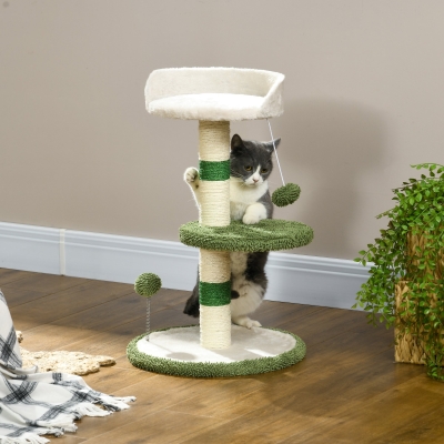PawHut Kratzbaum Katzenbaum kleiner Kratzbaum, 1 Katzenbett, 1 Liegefläche, 40 cm x 40 cm x 64 cm, Grün + Weiß
