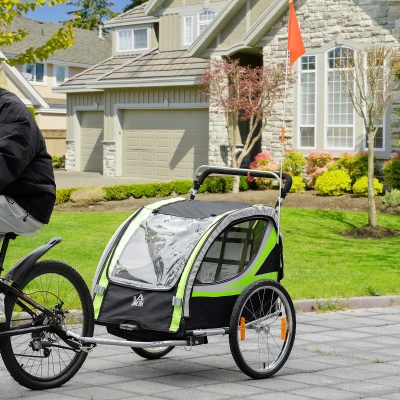HOMCOM Remorque vélo pour enfant 2 en 1 convertible jogger poussette capacité 26,4 kg avec réflecteurs et drapeau - 2 places  - vert