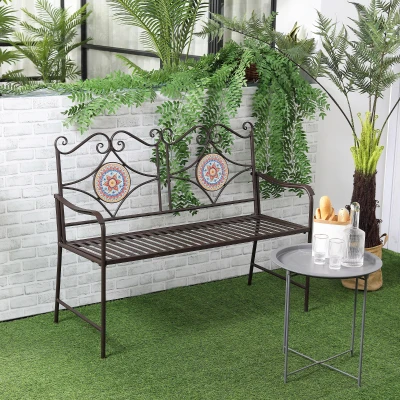 Outsunny Gartenbank im Vintage-Design, 2 Sitzer, wetterbeständig, mit Mosaiksteinen, 121 cm x 52 cm x 93 cm, Mehrfarbig