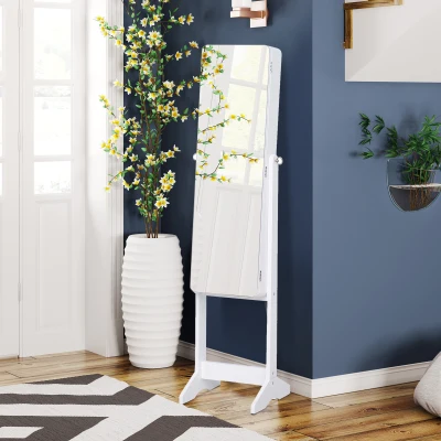 HOMCOM LED Schmuckschrank mit Innenspiegel Spiegelschrank klappbare Ablage Standspiegel verstellbar Weiß 146 cm hoch