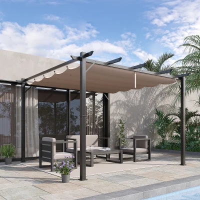 Outsunny Pergola Pavillon Terrassenüberdachung mit Schiebedach Garten Alu Kohlegrau+Kaffeebraun 3x3x2,23 m