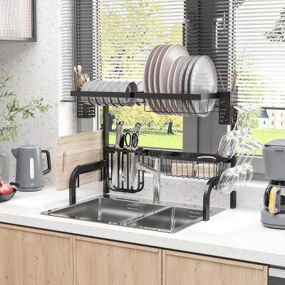 HOMCOM Escurreplatos de Acero de 2 Niveles para Fregadero con Diferentes Soportes y 5 Ganchos 65x31,5x52,5cm Negro