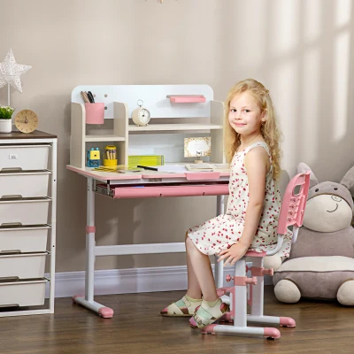 HOMCOM Escritorio y Silla para +3 Años con Altura Ajustable y Mesa Inclinable 80x52x88-109 cm y 35,5x44,5x66-80 cm Rosa