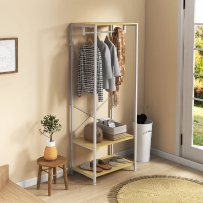 HOMCOM Porte-Manteaux avec tringle et 2 étagère à chaussures 60L x 40l x 167,5H cm Aspect bois naturel métal Blanc