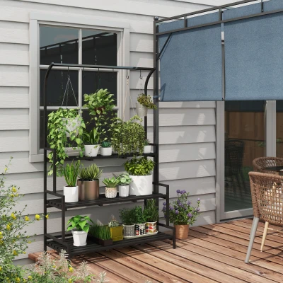 Outsunny Blumenständer, 3 Etagen, 6 Haken, Indoor & Outdoor, Metallrahmen, 170H x 110L x 50B cm, Schwarz