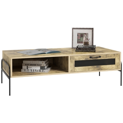HOMCOM Table Basse Industrielle Noir Bois Veinage Tiroir