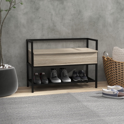 HOMCOM Banco Recibidor con Tapa Abatible Mueble Zapatero con Compartimento Oculto y Estante de Rejilla 84x39,5x61 cm Roble
