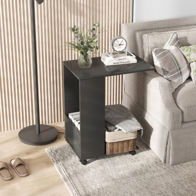 HOMCOM C-Shape Mobile Sofa Side Table with Storage Black