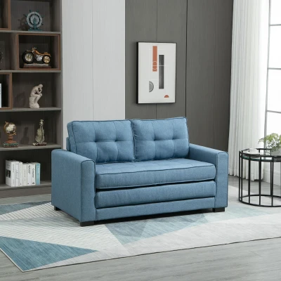 HOMCOM Schlafsofa Klappsofa 2-Sitzer Stoffsofa Bettsofa Sofa mit Schlaffunktion Sofagarnitur Leinen-Touch Gummiholz Blau 147,5 x 75 x 85 cm