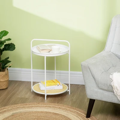 HOMCOM Mesa Auxiliar Moderna con Estante de Ratán Plástico Bandeja Extraíble y Asa Portátil 43,5x42,5x60 cm Blanco