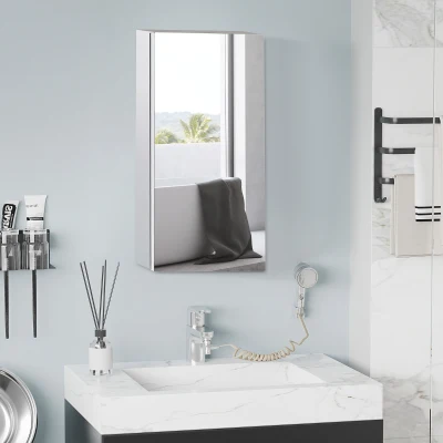 HOMCOM Armario de Baño con Espejo Armario de Pared con Puerta 2 Estantes y Marco de Acero Inoxidable 30x14x55 cm Plata